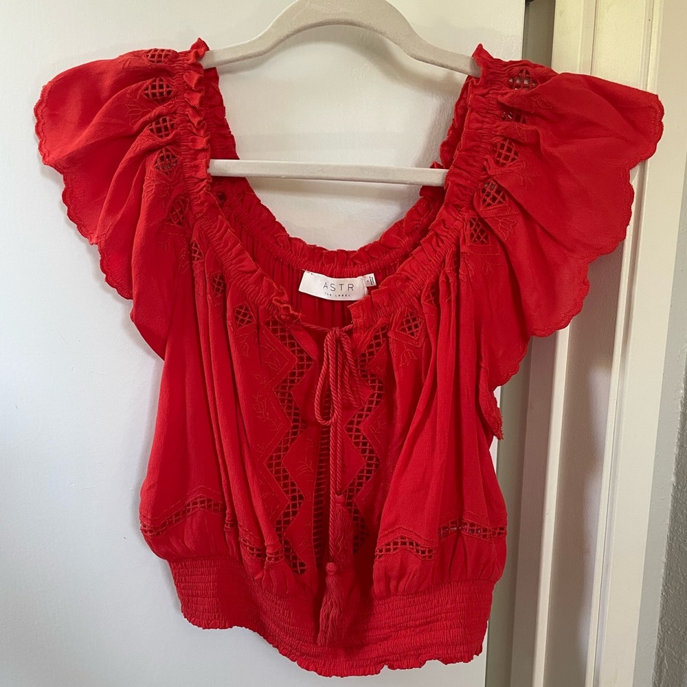 Astr Red Ruffled Sleeveless Blouse